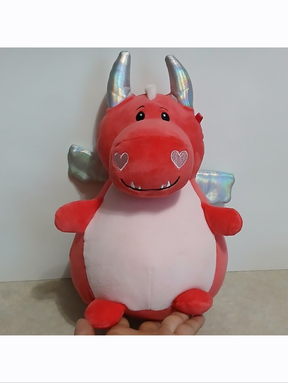 Animal Adventure Pink 10" Plush Dragon Silver Tone Horn Wings Heart Stuffed Toy